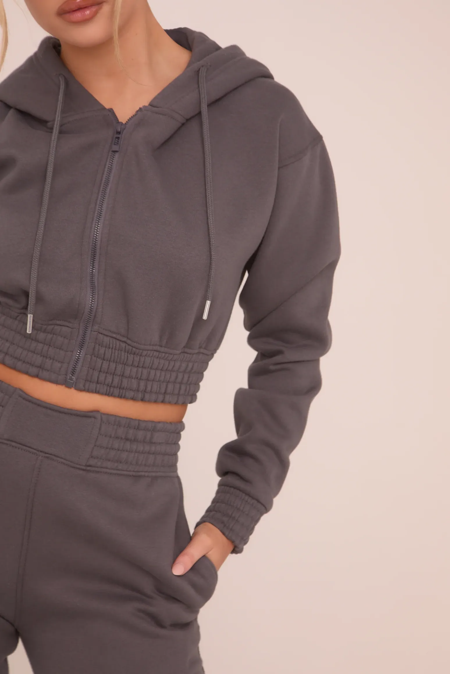 Rebellious Fashion Grey Zip Front Elasticated Detail Loungewear Co-ord Set - Carmel