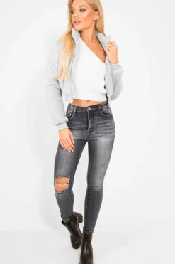 Rebellious Fashion Grey Zip Front Faux Fur Crop Jacket - Perri