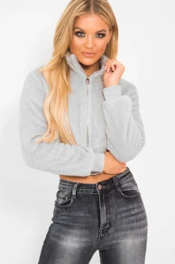 Rebellious Fashion Grey Zip Front Faux Fur Crop Jacket - Perri