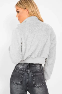 Rebellious Fashion Grey Zip Front Faux Fur Crop Jacket - Perri