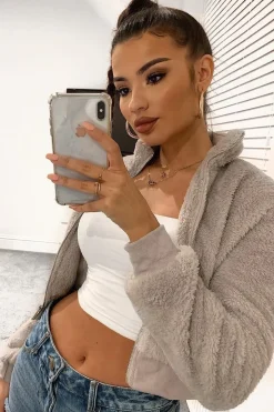 Rebellious Fashion Grey Zip Front Faux Fur Crop Jacket - Perri