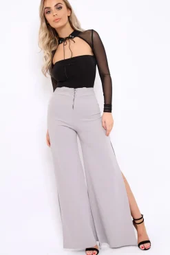 Rebellious Fashion Grey Zip Front High Waisted Flare Trousers - Gerta