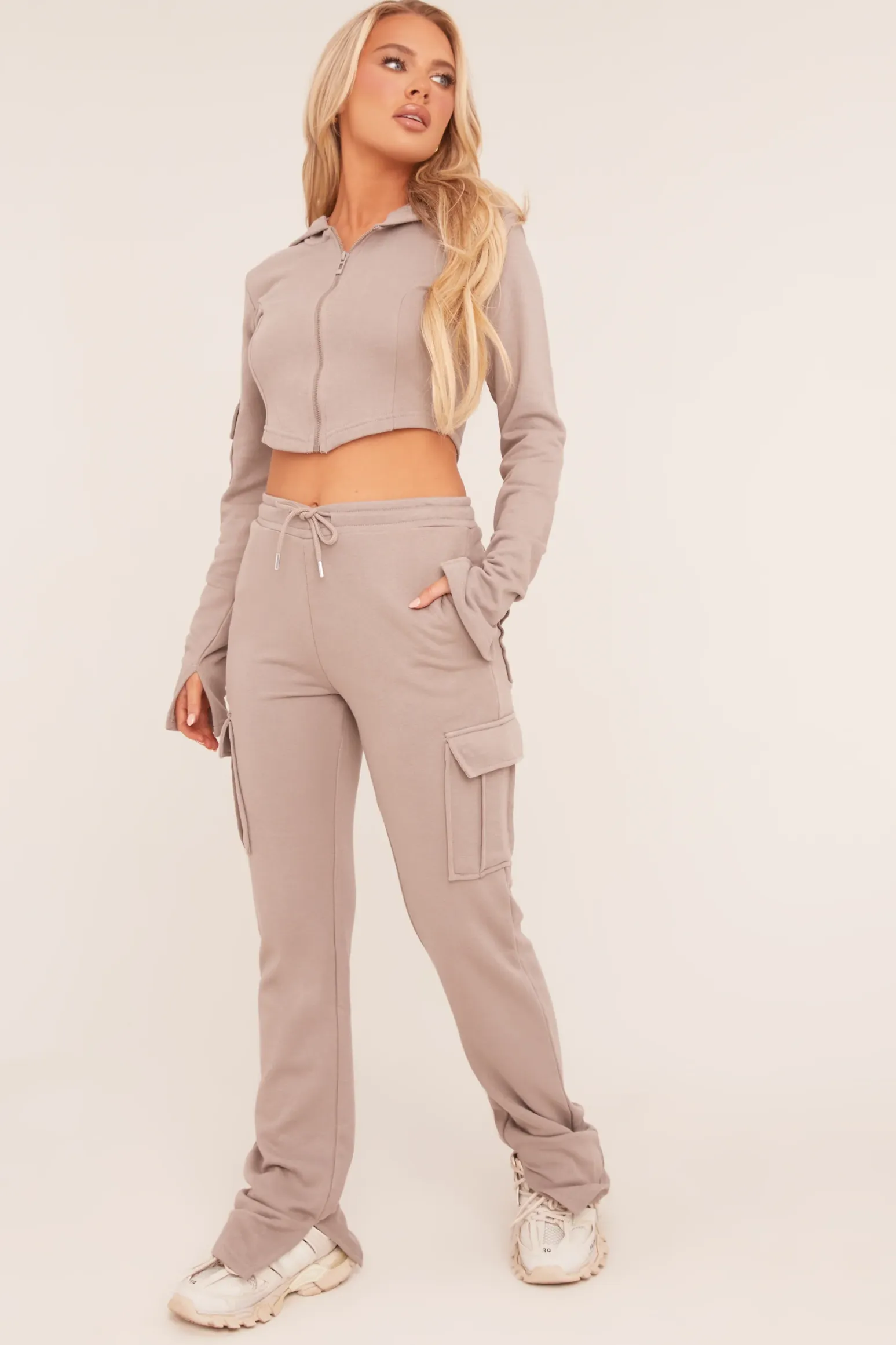 Rebellious Fashion Grey Zip Front Hoodie & Cargo Joggers Loungewear Co-ord Set - Saina