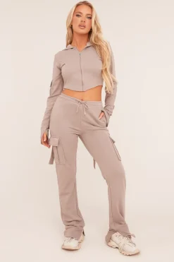 Rebellious Fashion Grey Zip Front Hoodie & Cargo Joggers Loungewear Co-ord Set - Saina