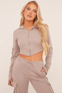Rebellious Fashion Grey Zip Front Hoodie & Cargo Joggers Loungewear Co-ord Set - Saina