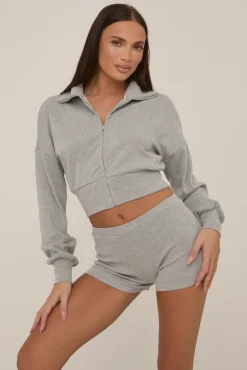 Rebellious Fashion Grey Zip Front Lounge Short Co-ord Set - Aurora