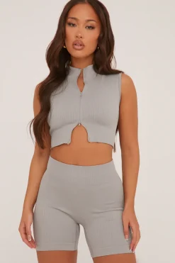 Rebellious Fashion Grey Zip Front Seamless Cropped Top & Shorts Co-ord Set - Chelsea