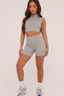 Rebellious Fashion Grey Zip Front Seamless Cropped Top & Shorts Co-ord Set - Chelsea
