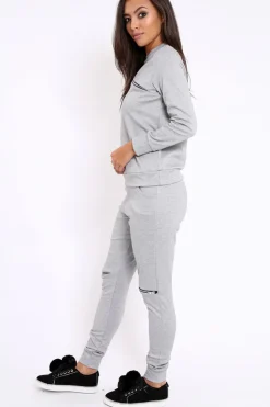Rebellious Fashion Grey Zip Loungewear Set - Kelly