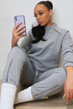 Rebellious Fashion Grey Zip Neck Detail Sweatshirt - Jayda