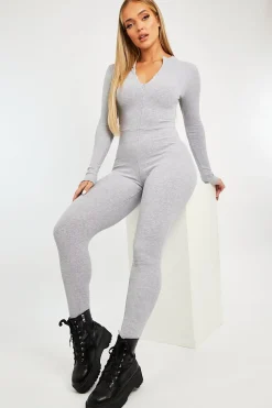 Rebellious Fashion Grey Zip Up Front Full Sleeve Ribbed Jumpsuit - Lola
