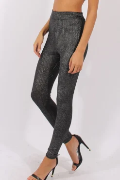 Rebellious Fashion Gunmetal Grey Metallic Ribbed High Waisted Leggings - Yasmin