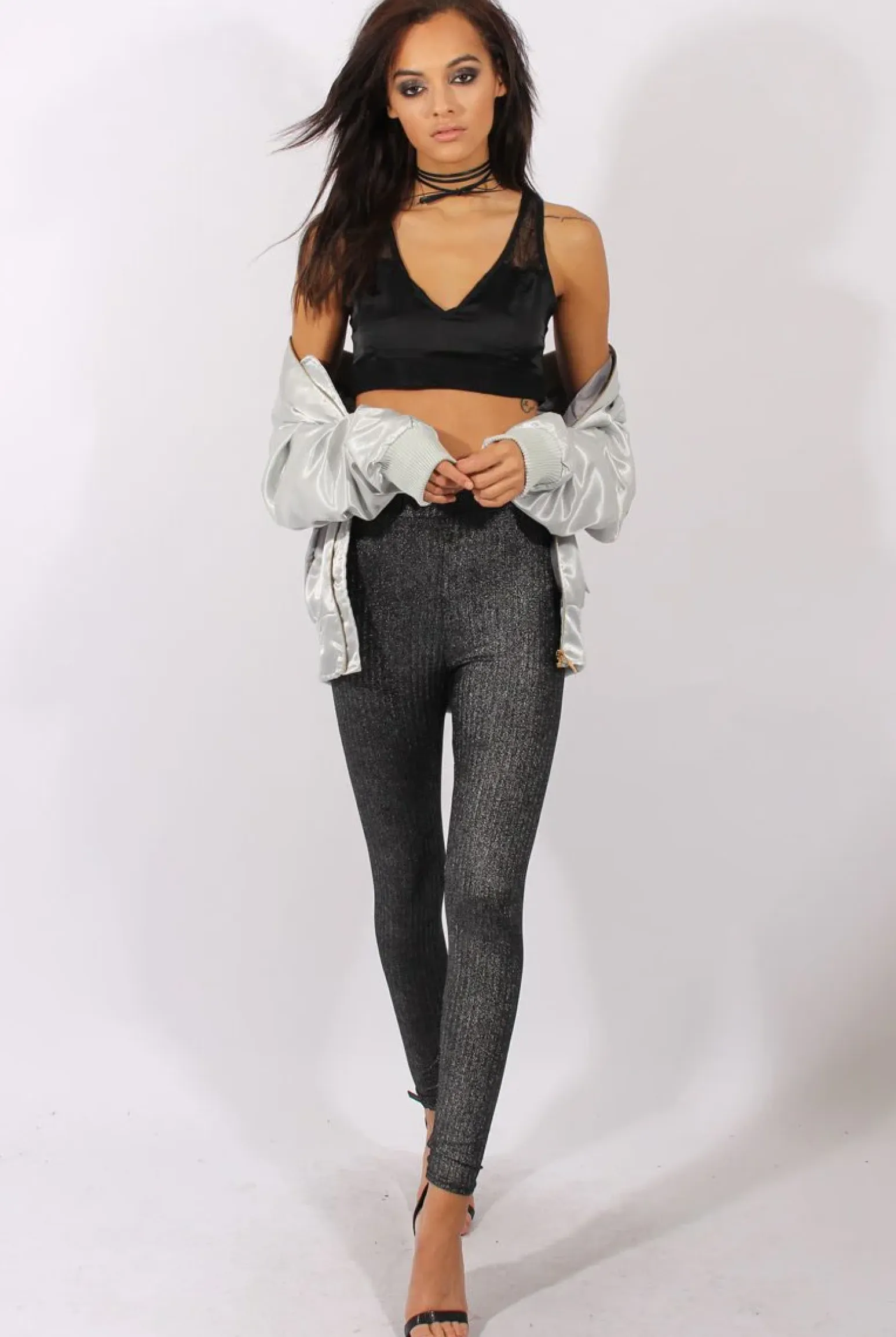 Rebellious Fashion Gunmetal Grey Metallic Ribbed High Waisted Leggings - Yasmin