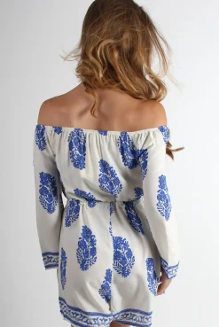 Rebellious Fashion Haley Blue Paisley Print Of The Shoulder Playsuit