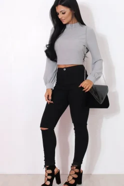 Rebellious Fashion Hanna Grey Long Sleeve Crop Top