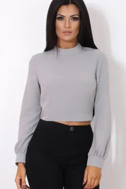 Rebellious Fashion Hanna Grey Long Sleeve Crop Top