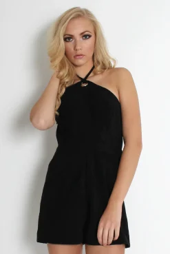 Rebellious Fashion Hannah Black Suede Halterneck Playsuit