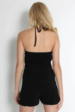 Rebellious Fashion Hannah Black Suede Halterneck Playsuit