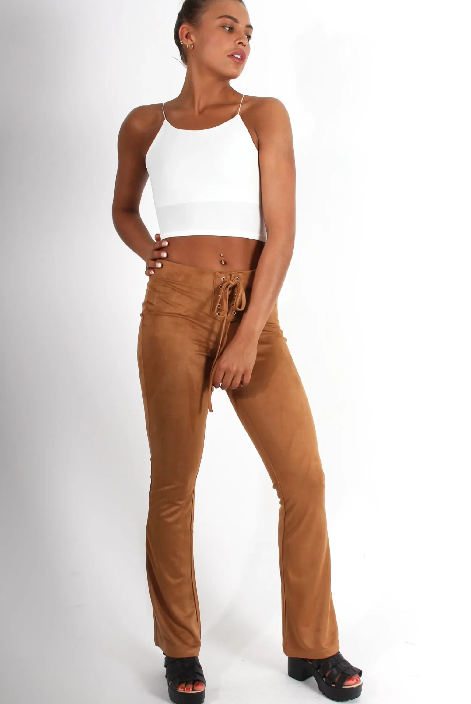 Rebellious Fashion Harper Tan Tie Front Flared Trousers
