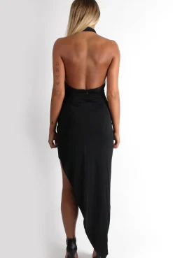 Rebellious Fashion Hetty Black Halter Neck Dip Hem Dress