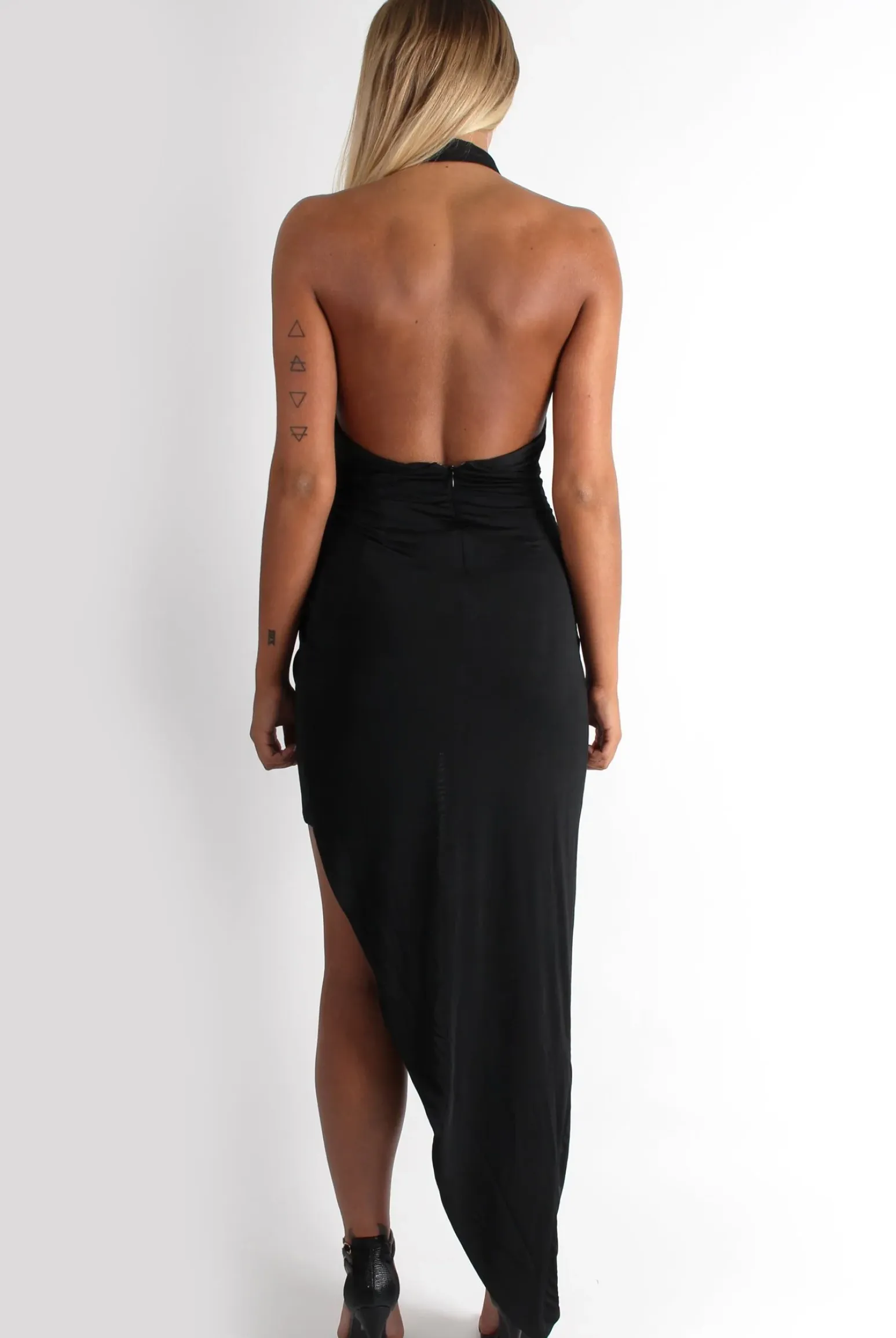 Rebellious Fashion Hetty Black Halter Neck Dip Hem Dress