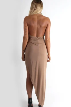 Rebellious Fashion Hetty Camel Halter Neck Dip Hem Dress