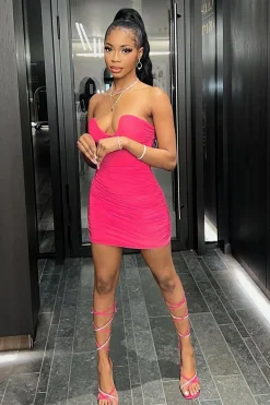 Rebellious Fashion Hot Pink Cupped Gathered Slinky Dress - Avalee