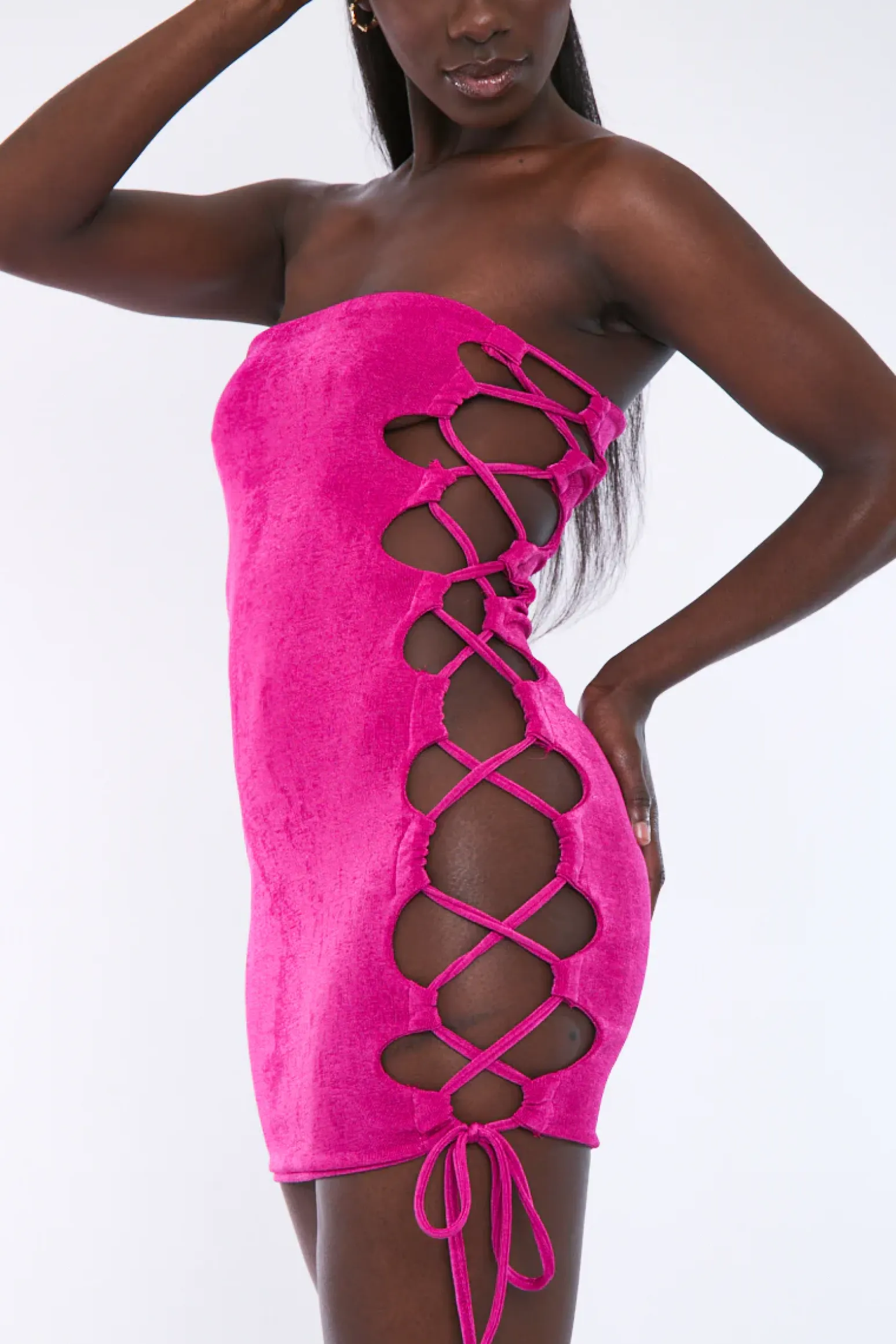Rebellious Fashion Hot Pink Lace Up Side Acetate Slinky Mini Dress - Alexis