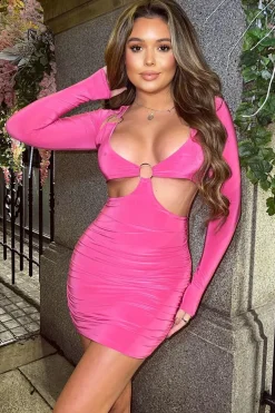 Rebellious Fashion Hot Pink Ring Front Cut Out Slinky Mini Dress - Ava