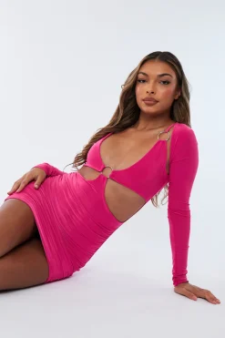 Rebellious Fashion Hot Pink Ring Front Cut Out Slinky Mini Dress - Ava