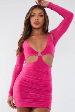 Rebellious Fashion Hot Pink Ring Front Cut Out Slinky Mini Dress - Ava