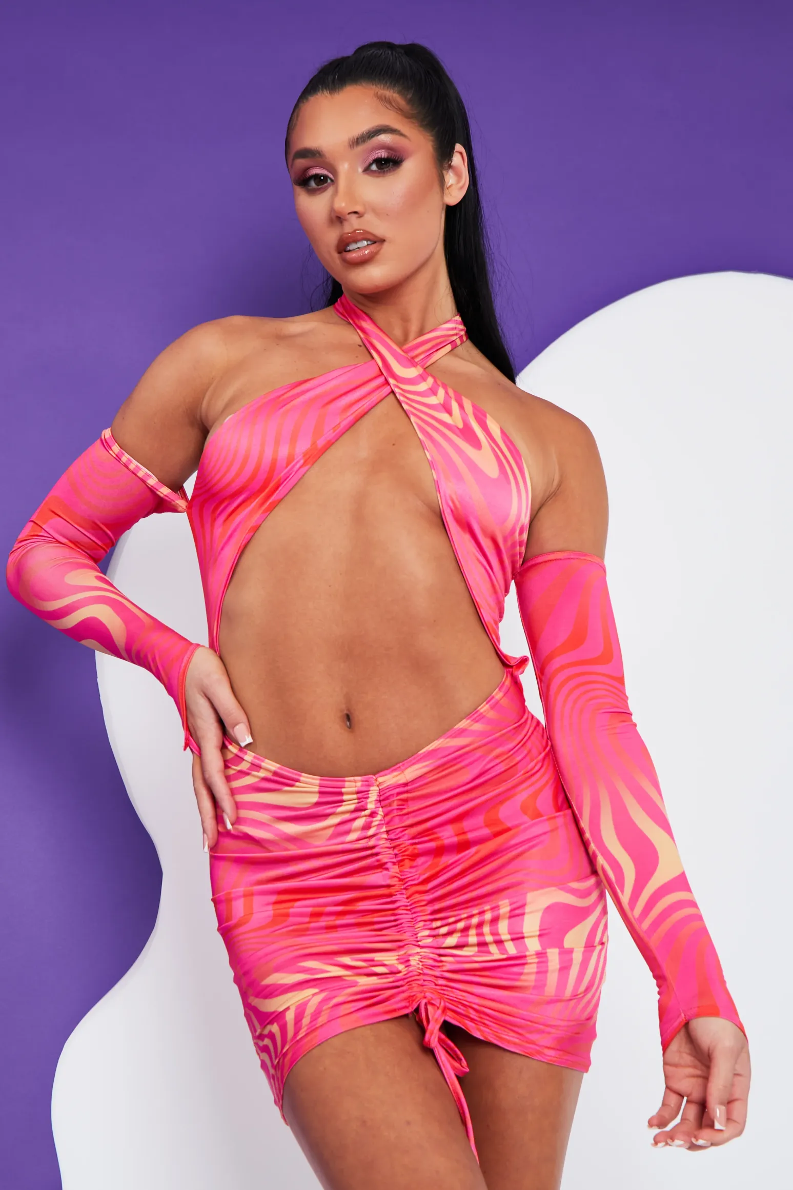 Rebellious Fashion Hot Pink Wave Print Halter Neck Mini Dress - Devyn