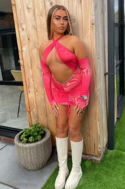 Rebellious Fashion Hot Pink Wave Print Halter Neck Mini Dress - Devyn