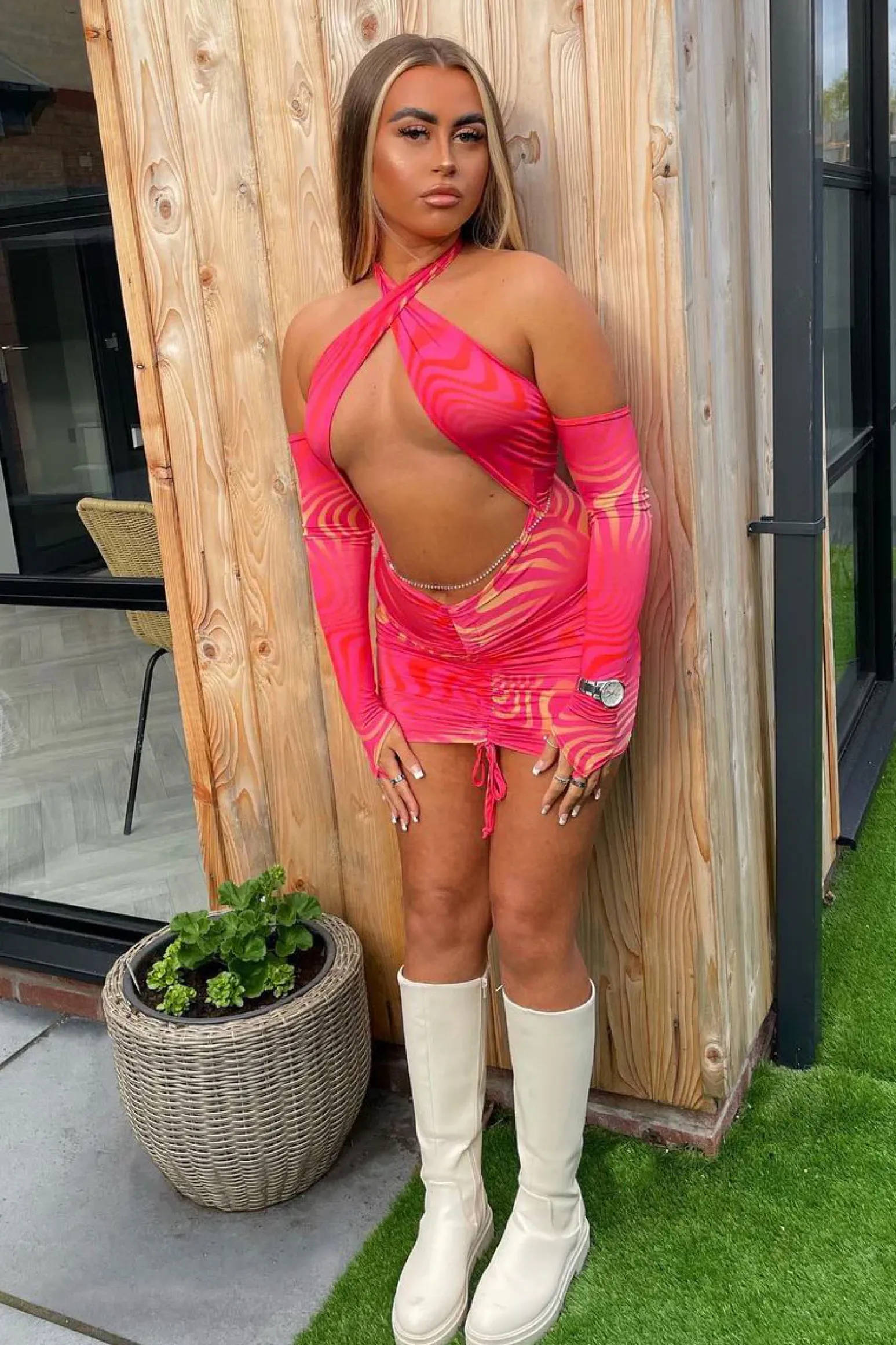 Rebellious Fashion Hot Pink Wave Print Halter Neck Mini Dress - Devyn