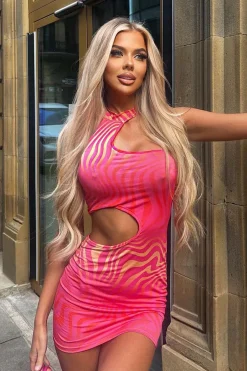 Rebellious Fashion Hot Pink Wave Print High Neck Cut Out Mini Dress - Flor