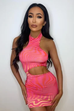 Rebellious Fashion Hot Pink Wave Print High Neck Cut Out Mini Dress - Flor