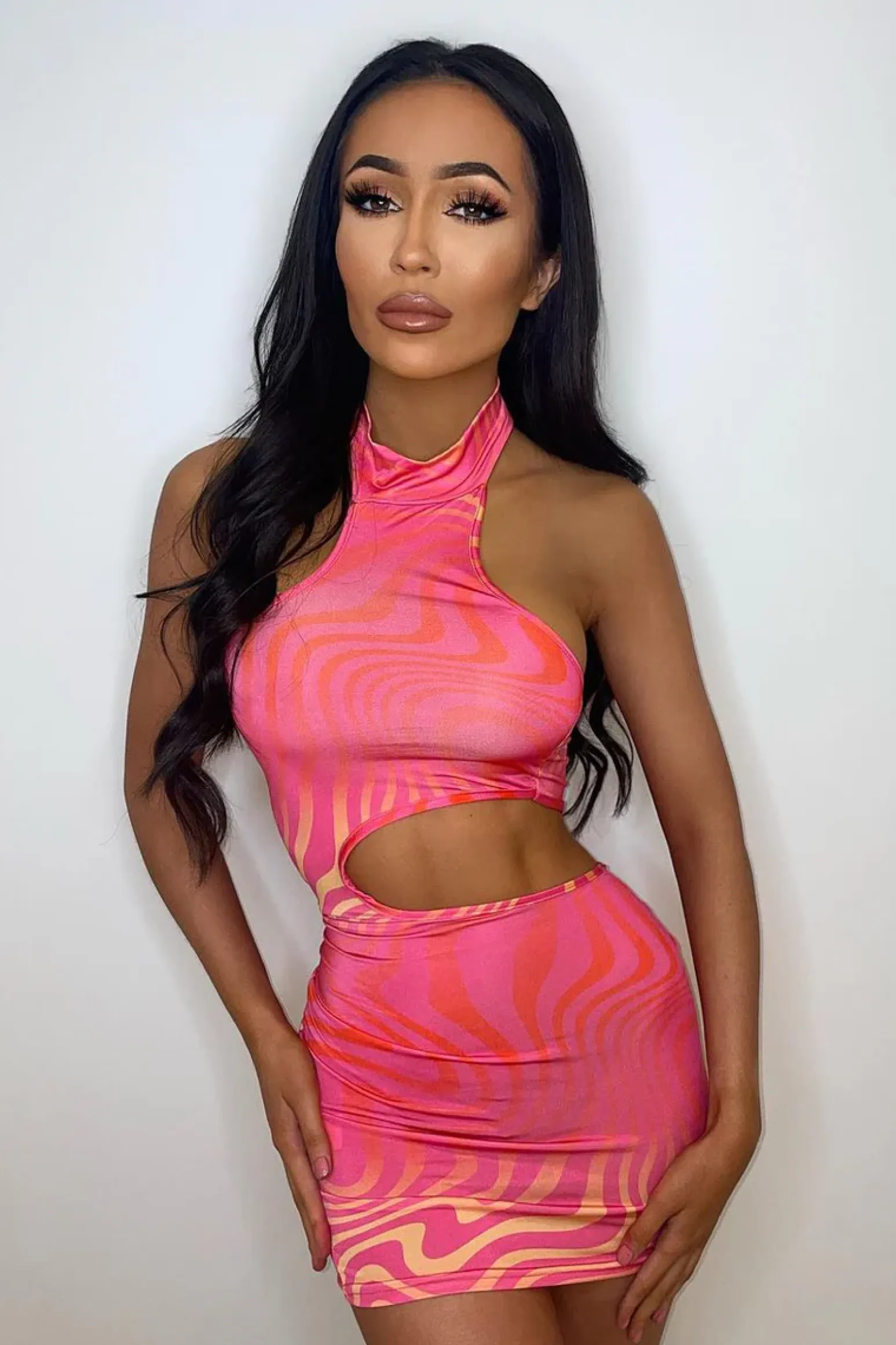 Rebellious Fashion Hot Pink Wave Print High Neck Cut Out Mini Dress - Flor