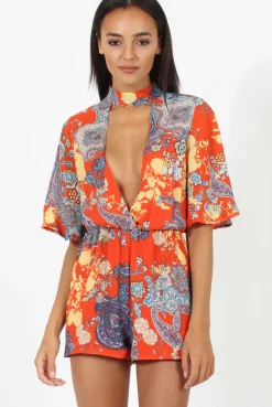 Rebellious Fashion Hot Orange Paisley Print Plunge Playsuit - Rona
