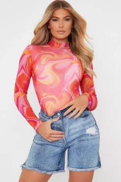 Rebellious Fashion Hot Pink Abstract Print High Neck Bodysuit - Verity