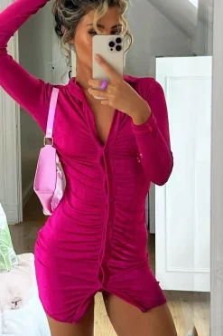 Rebellious Fashion Hot Pink Acetate Slinky Gathered Front Shirt Dress - Gia