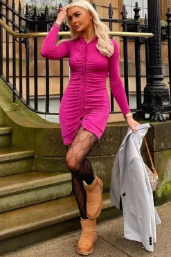 Rebellious Fashion Hot Pink Acetate Slinky Gathered Front Shirt Dress - Gia