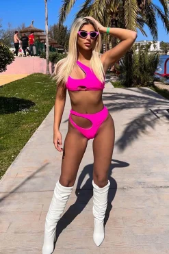 Rebellious Fashion Hot Pink Asymmetric Cut Out Bikini Set - Enya