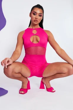 Rebellious Fashion Hot Pink Fishnet Keyhole Playsuit - Jamila