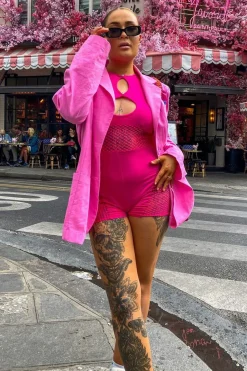 Rebellious Fashion Hot Pink Fishnet Keyhole Playsuit - Jamila