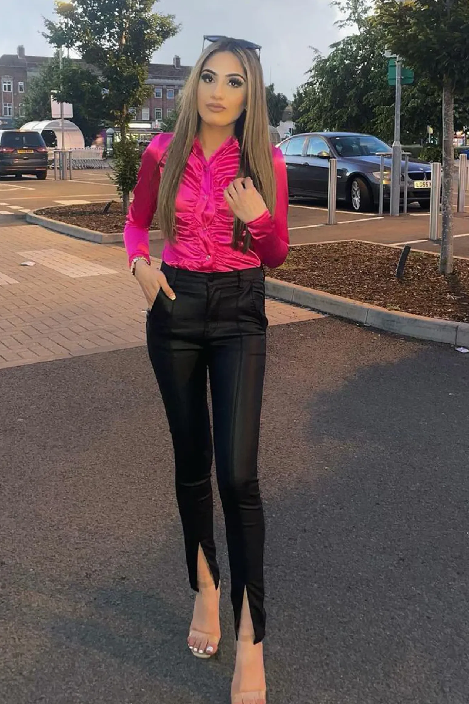Rebellious Fashion Hot Pink Gathered Front Satin Shirt Bodysuit - Lucia