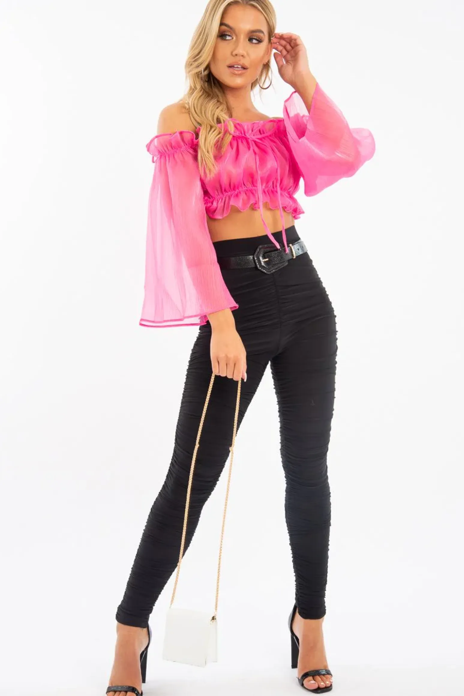 Rebellious Fashion Hot Pink Mesh Frill Bardot Top - Rowe
