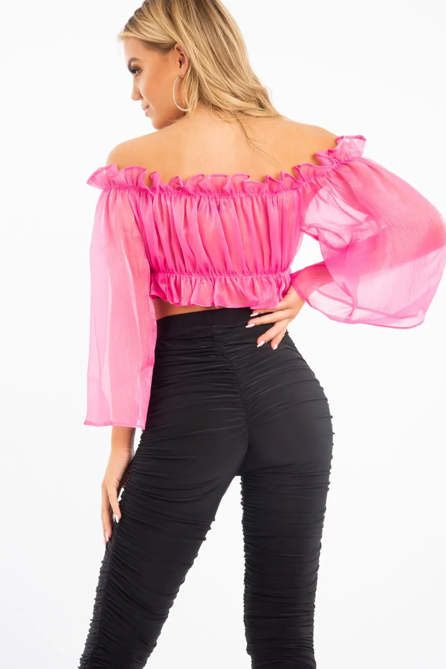 Rebellious Fashion Hot Pink Mesh Frill Bardot Top - Rowe