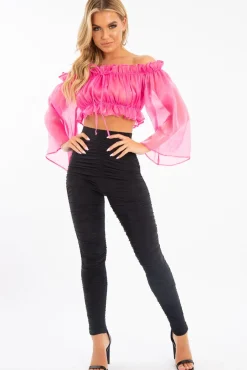Rebellious Fashion Hot Pink Mesh Frill Bardot Top - Rowe