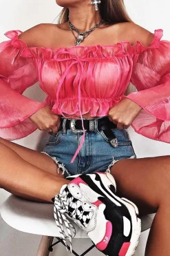 Rebellious Fashion Hot Pink Mesh Frill Bardot Top - Rowe