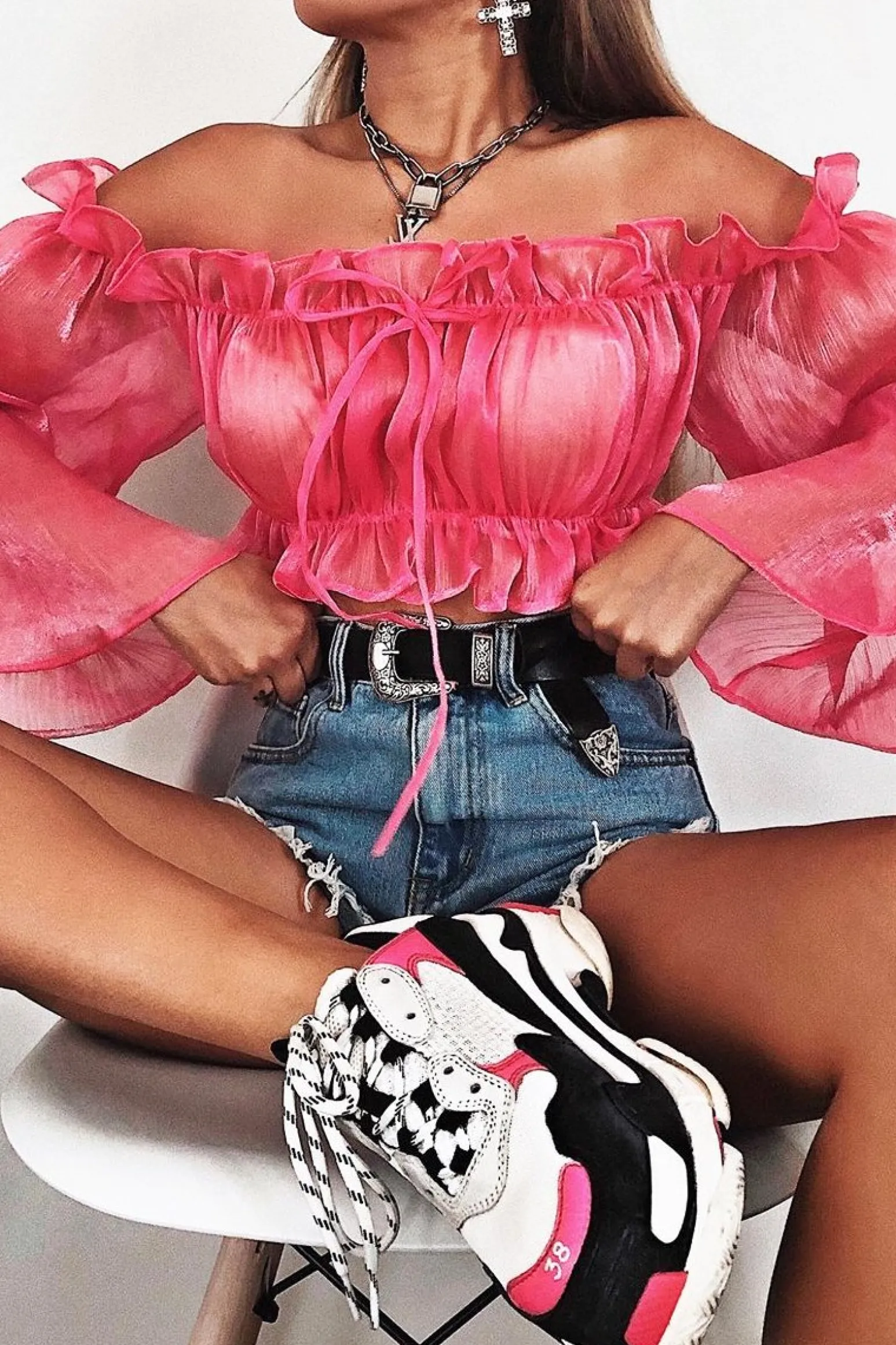 Rebellious Fashion Hot Pink Mesh Frill Bardot Top - Rowe